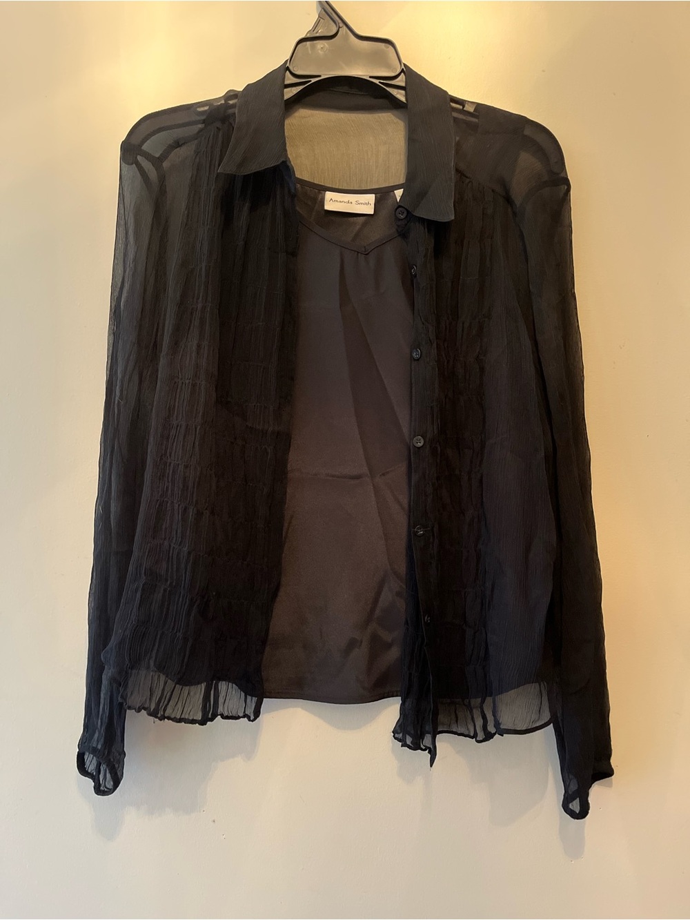 Vintage Y2K Amanda Smith Sheer Black Button-Up Blouse with tank top 100% silk